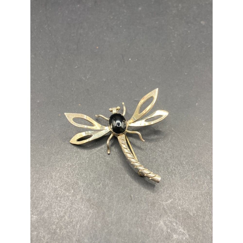 Vintage Taxco Mexico Sterling Silver 925 Black Onyx Dragon Fly Pin Brooch - Picture 2 of 11